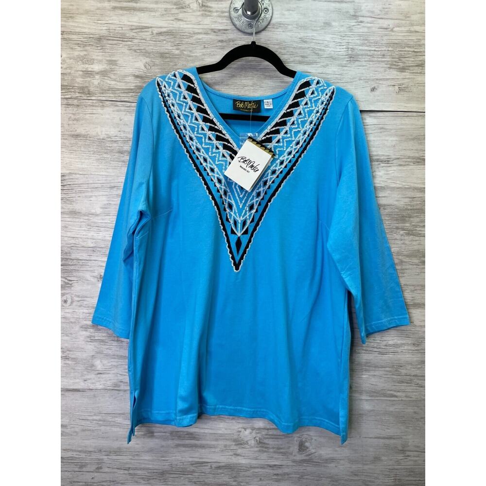 Bob Mackie Shirt Large Blue V Neck Sequin 3/4 Sleeve Stretch Cotton